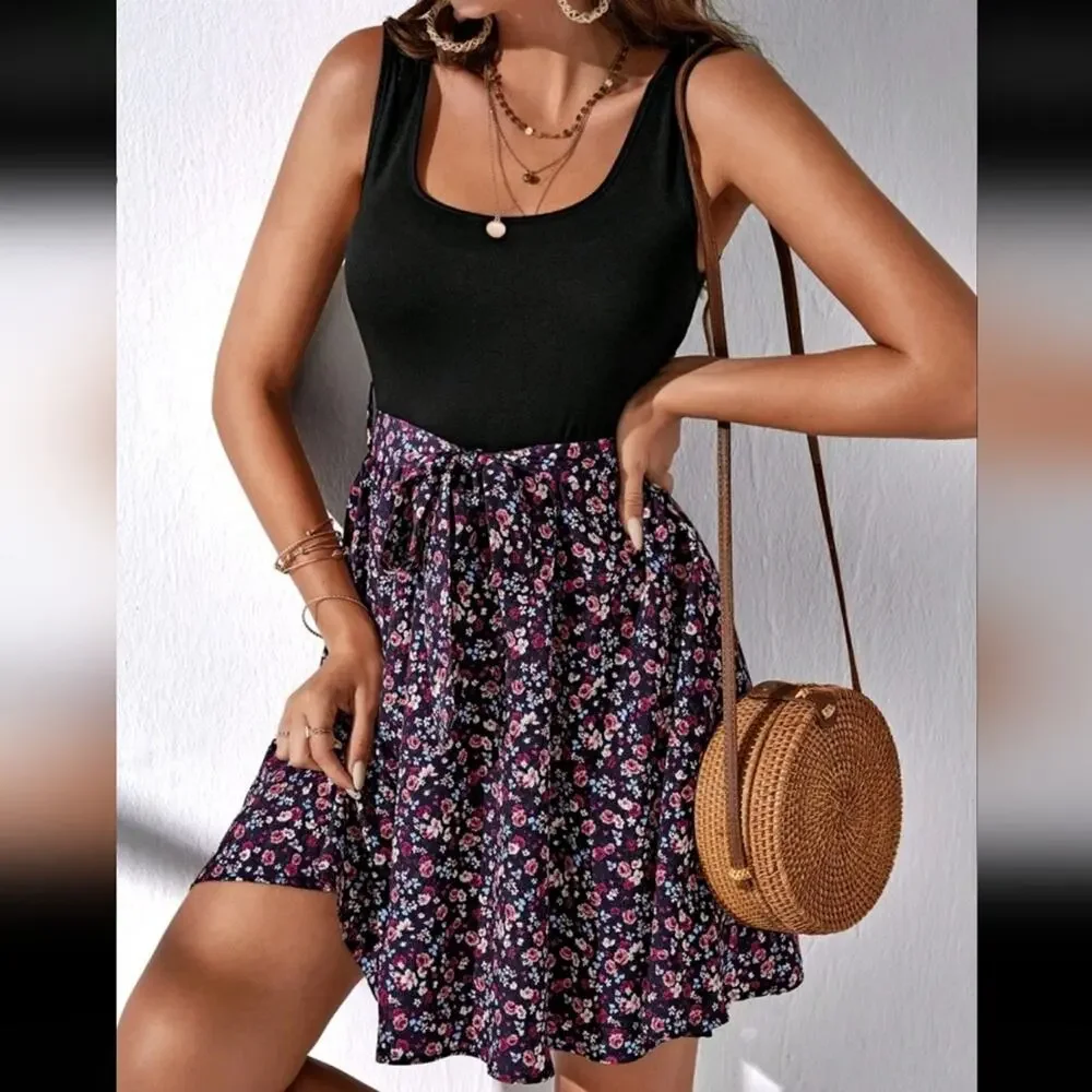 Shein Floral Belted Sleeveless Dress Size M VGUC - Picture 1 of 6